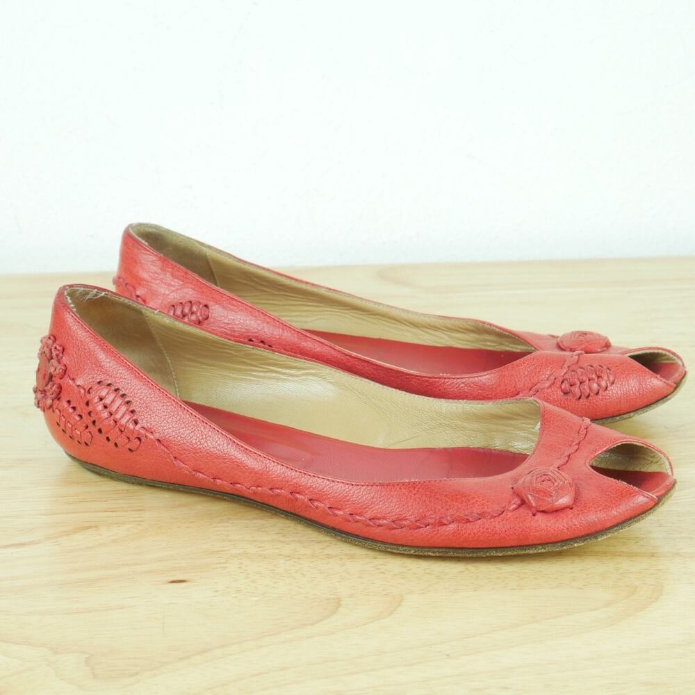 Valentino Garavani 38 Shoes Slip On Ballet Flats Peep Toe‎ Red Leather Luxury